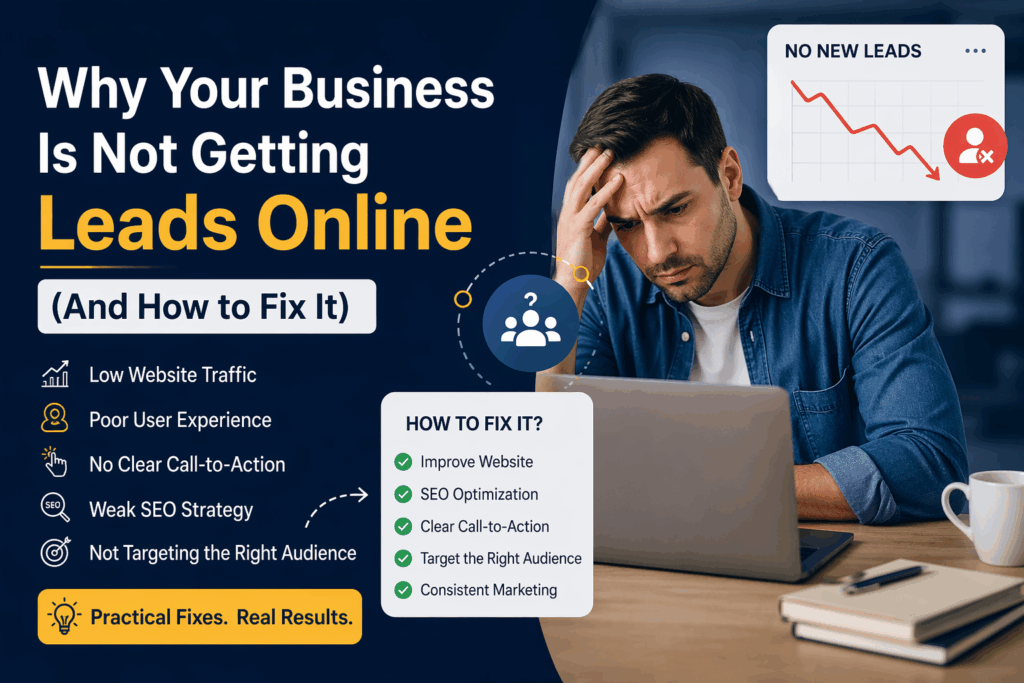 Digital marketing concept showing why leads are not coming online and how to fix it with SEO, clear CTA, and audience targeting
